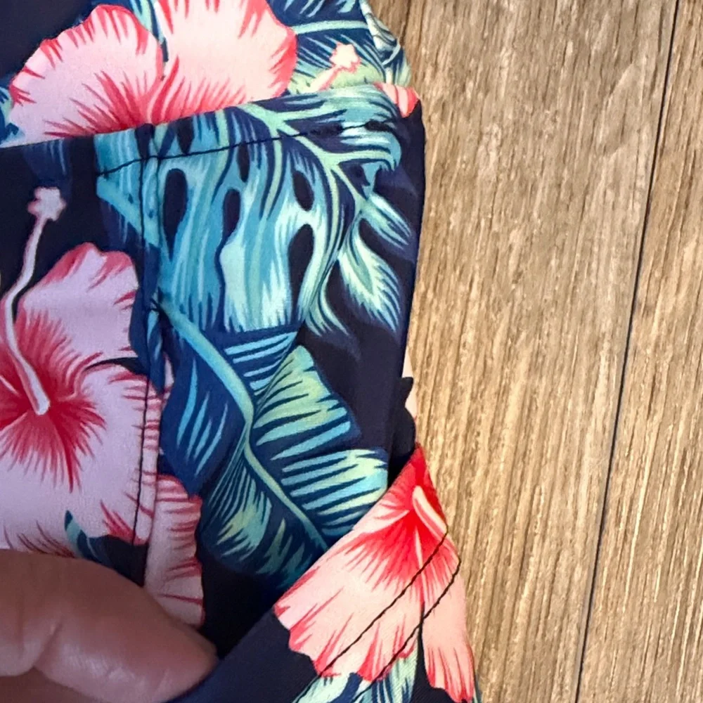 Women’s Gradual Tropical Floral High Waist Swim Shorts. Navy with Pink Flowers